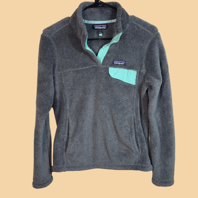 Patagonia Womens Gray Snap-T Fleece Pullover Top Turquoise Trim Size S