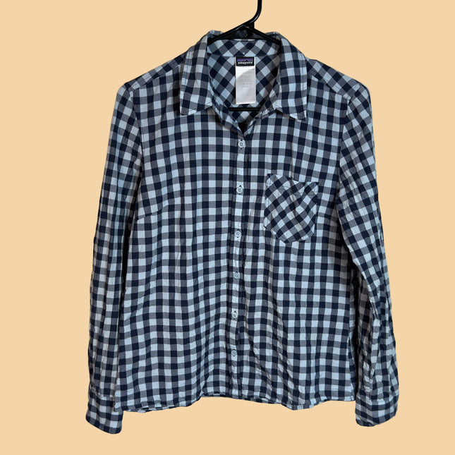 Patagonia Women's Button Down Long Sleeve Shirt Blue Gingham Check Size 8