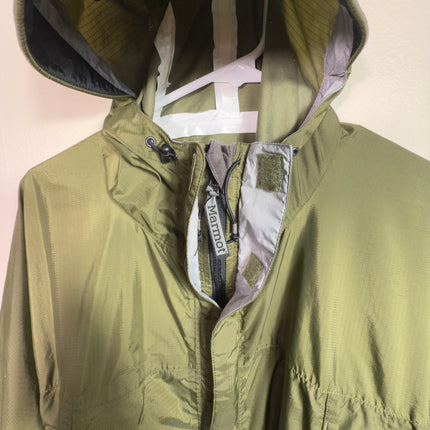 Marmot Men's Olive Green Lightweight Rain Jacket Hooded Size M Heavy Use