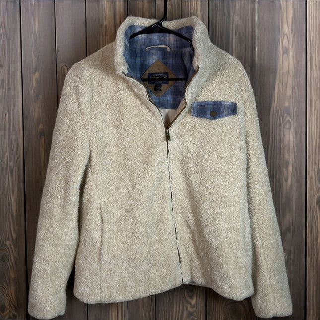 Pendleton Womens Fleece Jacket L Cream Plaid Accent Full Zip Cozy Warm